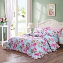 Sky Blue Hot Pink and Green Tropical Hawaiian Flower Print Country Chic Full, Queen Size Bedding Sets