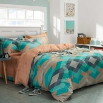 Brown Gray and Turquoise Plaid Patchwork Aztec Stripe Print Masculine Abstract Full, Queen Size Bedding Sets