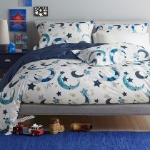 Funky Boys Gray White and Blue Star and Moon Print Contemporary Modern Chic Cool Twin, Full Size Bedding Sets