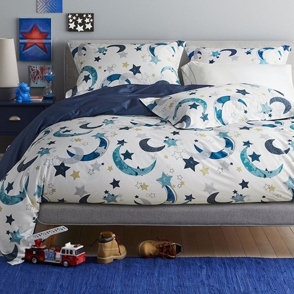 Funky Boys Gray White and Blue Star and Moon Print Contemporary Modern Chic Cool Twin, Full Size Bedding Sets