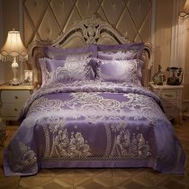 Retro Gold and Grape Purple Tribal Pattern Noble Excellence Soft Bling Jacquard Satin Luxury Full, Queen Size Bedding Sets