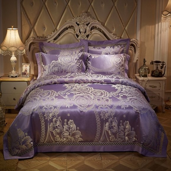 Retro Gold and Grape Purple Tribal Pattern Noble Excellence Soft Bling Jacquard Satin Luxury Full, Queen Size Bedding Sets