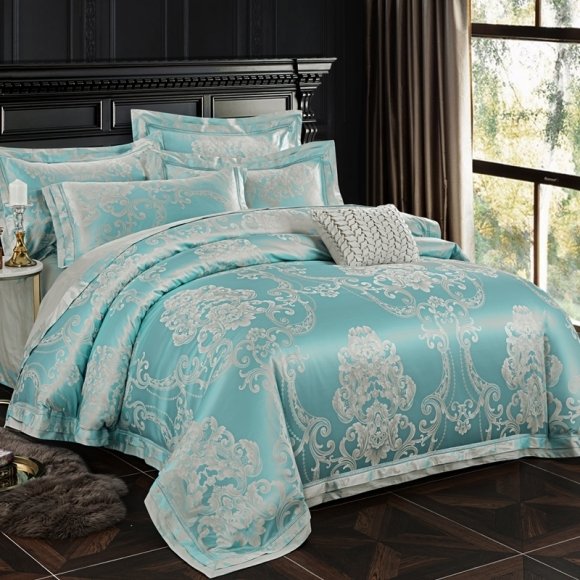 Silver and Teal Fancy Rococo Pattern Royal Style Full, Queen Size Bedding Sets