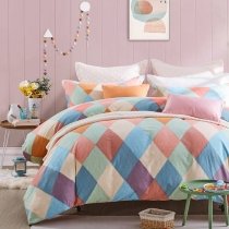 Light Blue Coral and Orange Checkered Plaid Full, Queen Size Bedding Sets