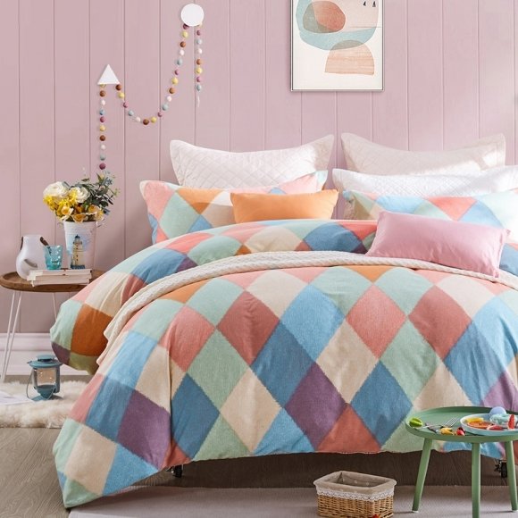 Light Blue Coral and Orange Checkered Plaid Full, Queen Size Bedding Sets
