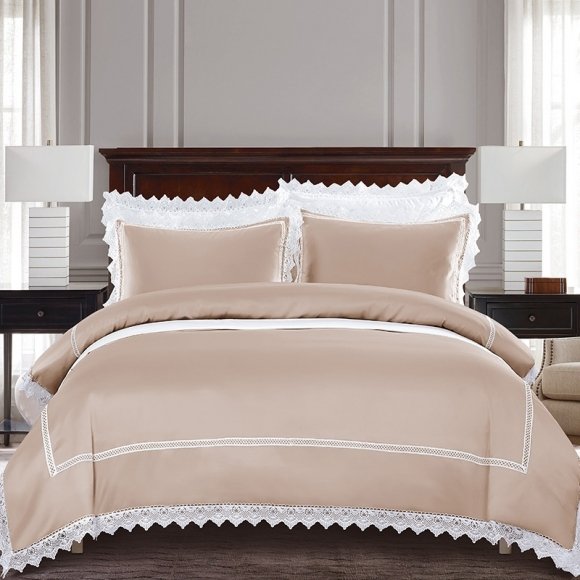 Champagne and White Lace Luxurious Old World Full, Queen Size Bedding Sets