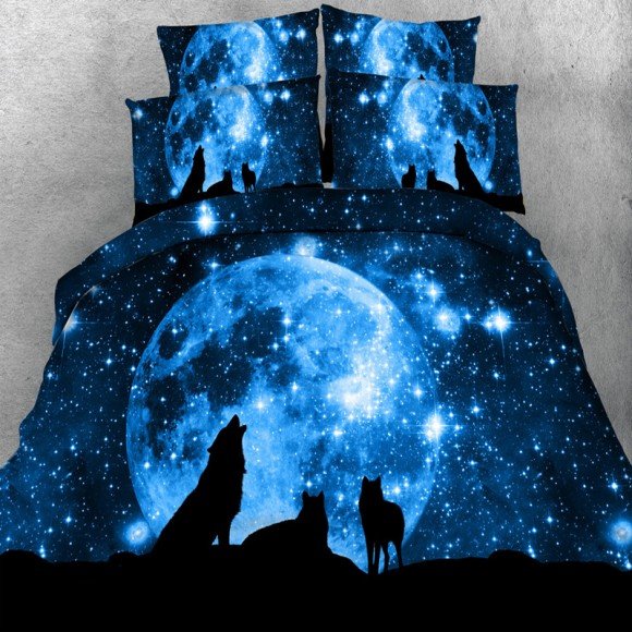 Midnight Blue Wolf Print Wild Animal Jungle Safari Themed Twin, Full, Queen, King Size Bedding Sets