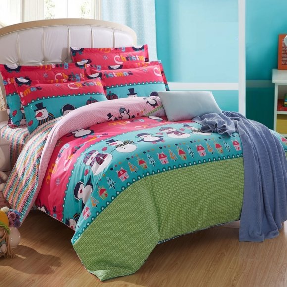Turquoise Blue Pink Green and Rose Red Merry Christmas Holiday Colorful Snowman Print Kids Girls Twin, Full Size Cotton Bedding Sets