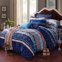 Royal Blue White Rust and Turquoise Stripe and Bohemian Urban Gypsy Tribal Print Southwestern Full Size Unique Adults Cotton Bedding Sets