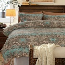 Vintage Shabby Chic Chocolate Brown Turquoise and Beige Pop Western Paisley Print Adults Full, Queen Size Luxury Cotton Bedding Sets