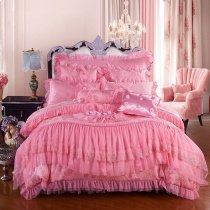 Elegant Sophisticated Solid Pink Victorian Rose Ruffle and Lace Design Girls Full, Queen Size Luxury Jacquard Appliques Bedding Sets