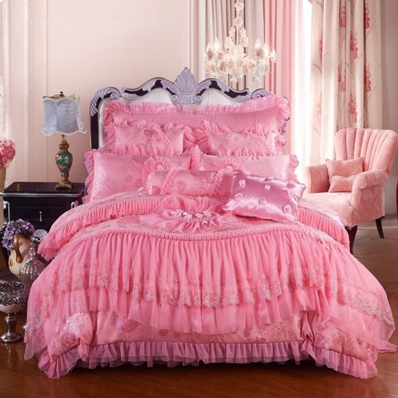 Elegant Sophisticated Solid Pink Victorian Rose Ruffle and Lace Design Girls Full, Queen Size Luxury Jacquard Appliques Bedding Sets