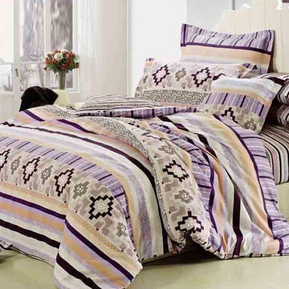 Southwestern Purple Beige Brown and Orange Gypsy Moorish with Geometric and Stripe Print Adults Full, Queen Size Cotton Bedding Sets