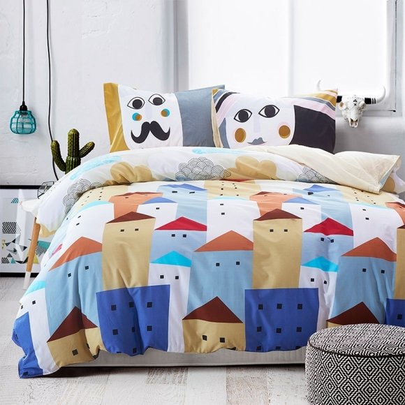 Personalized Khaki Brown Blue and White Modern Chic City Scene House Print Funky Kids Full, Queen Size Luxury Cotton Bedding Sets