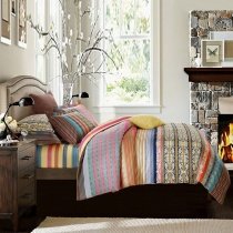Blue Pink Yellow and Brown Bohemian Gothic Pattern with Colorful Wide Stripe and Pinstripe Print Full, Queen Size Cotton Bedding Sets
