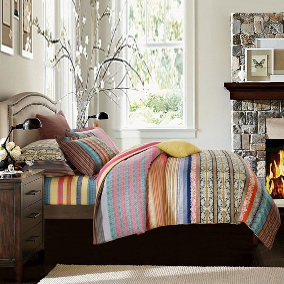 Blue Pink Yellow and Brown Bohemian Gothic Pattern with Colorful Wide Stripe and Pinstripe Print Full, Queen Size Cotton Bedding Sets