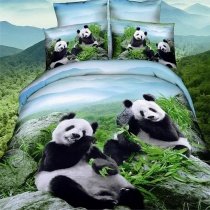 Lime Green and Sky Blue 3D Forest Scene with Black and White Panda Print Jungle Animal Themed Twin, Full Size Kids Cotton Bedding Sets