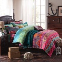 Bohemian Hot Pink Yellow Orange Purple and Turquoise Gypsy Tribal and Rustic Floral Print Girls Full, Queen Size Cotton Bedding Sets