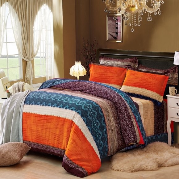 Trend Flame Orange Brown White and Dark Teal Wide Stripe and Ocean Waves Print Masculine Full, Queen Size Luxury Cotton Bedding Sets