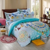 Turquoise Yellow White and Blue Bohemian Hippie Style Moroccan Tribal and Butterfly Print Teen Girls Twin, Full Size Cotton Bedding Sets