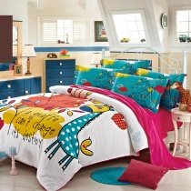 Hipster Peacock Blue Yellow Orange and White Wild Animal Little Giraffe Print with Monogrammed Kids Full Size Luxury Cotton Bedding Sets