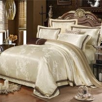 Gorgeous Sparkle Champagne Gold and Beige Rococo Pattern Rustic Western Floral Print Luxury Jacquard Satin Full, Queen Size Bedding Sets