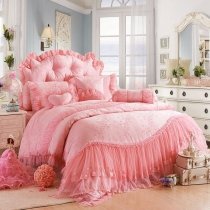Romantic Blush Pink Flower Print Gathered Ruffle Sophisticated Elegant Girls Princess Vintage Victorian Lace Full, Queen Size Bedding Sets