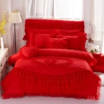 Fashion Solid Carmine Red Quilted Heart Victorian Lace Frilly Ruffle Sophisticated Elegant Feminine Cotton Full, Queen Size Bedding Sets