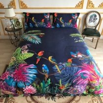 Deep Blue Rose Red and Green Bird and Vintage Flower Print Tropical Rustic Style 100% Egyptian Cotton Full, Queen Size Bedding Sets