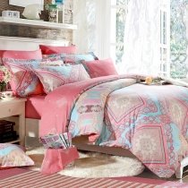 Fancy Aqua and Coral Pink Tribal Print Moroccan Style Southwestern Style 100% Cotton Full, Queen Size Bedding Sets