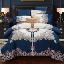 Luxury Navy Blue Gold and Beige Bohemian Indian Pattern Royal Style 100% Brushed Cotton Full, Queen Size Bedding Sets