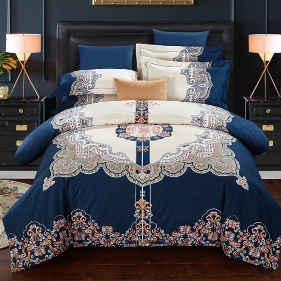 Luxury Navy Blue Gold and Beige Bohemian Indian Pattern Royal Style 100% Brushed Cotton Full, Queen Size Bedding Sets