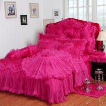 Girly Rose Red Rose Pattern Ruffle Lace Design Pom Pom Style Sophisticated Elegant Luxury Twin, Full, Queen Size Bedding Sets