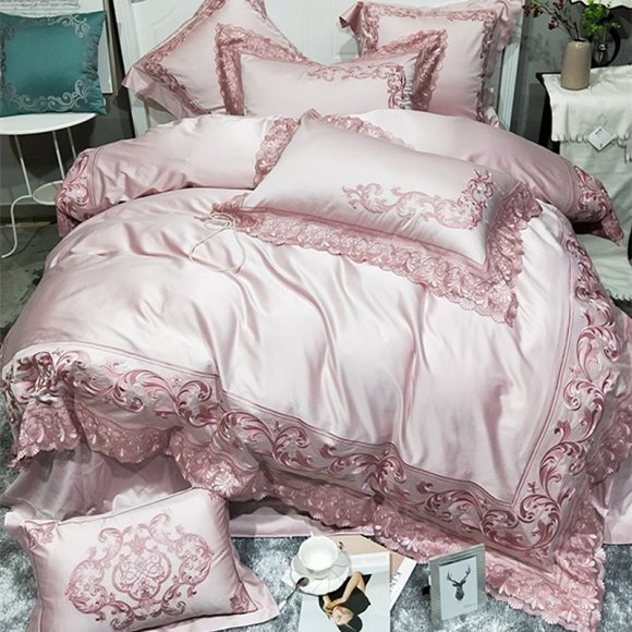Blush Pink and Rose Gold Luxury Embroidered Floral Vintage Victorian Lace Noble Excellence Villa Full, Queen Size Bedding Sets