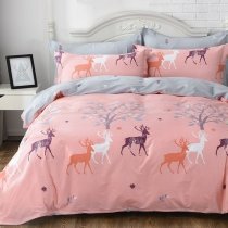 Elegant Pastel Pink Gray and White Deer and Tree Print Jungle Animal Themed Full, Queen Size Bedding Sets