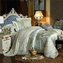 Sequin Olive and Pale Blue Flower Pattern Oriental Country Chic Asian Inspired Jacquard Satin Full, Queen Size Bedding Sets