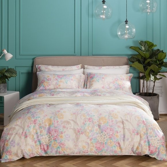 Pastel Gold Beige Turquoise Pink and Tan Colorful Floral Print Garden Images French Country Shabby Chic Full, Queen Size Bedding Sets