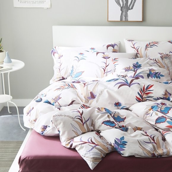 Vintage Elegant Purple Blue White and Brown Hibiscus Floral Print Tropical Hawaiian Themed Full, Queen Size Bedding Sets