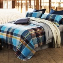 Navy Blue White Gold Aqua and Brown Scottish Tartan Country Plaid Print Masculine Full Size Bedding Sets
