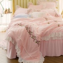 Blush Pink White Red and Green Embroidered Cherry Shabby Chic Ruffle Ruched Elegant Full Size Bedding Sets