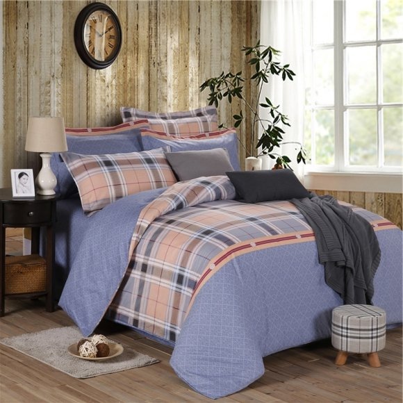 Blue White Red Orange and Brown Tattersall Plaid Print Scottish Style Full, Queen Size Bedding Sets