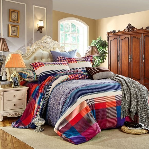 Navy Blue Red Beige and Orange Rainbow Plaid and Gothic Print Shabby Chic Country Full, Queen Size Bedding Sets