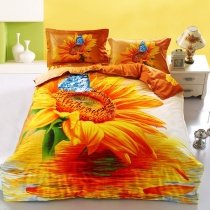 Affordable Rust Orange White Gold and Green 3D Butterfly and Sunflower Print Kids Twin, Full Size Luxury Cotton Bedding Sets