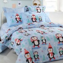 Hipster Light Blue Red Black Green and White Animal Penguin and Snowflake Print Teen Girls Twin, Full, Queen Size Cotton Bedding Sets