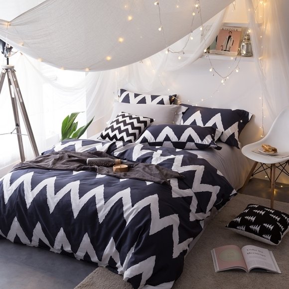 Hipster Deep Blue and White Zigzag Stripe Print Masculine Style Shabby Chic Unique Full, Queen Size Bedding Sets