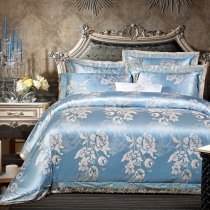 Sparkle Shiny Sky Blue and Gold Indian Pattern Flower Print Vintage Victorian Lace Luxury Jacquard Satin Full, Queen Size Bedding Sets