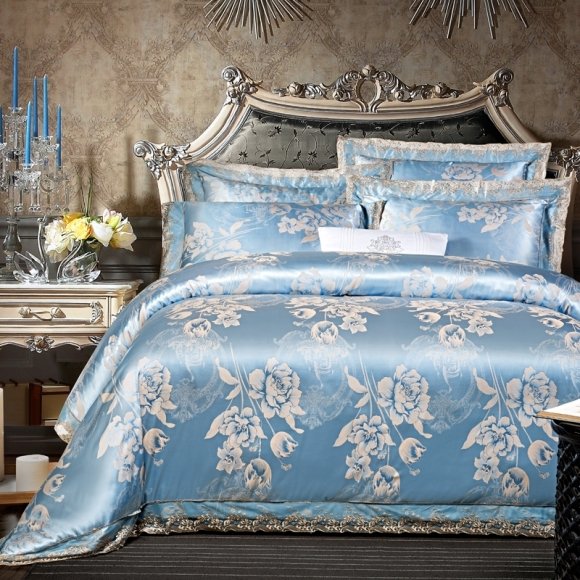 Sparkle Shiny Sky Blue and Gold Indian Pattern Flower Print Vintage Victorian Lace Luxury Jacquard Satin Full, Queen Size Bedding Sets