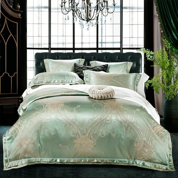 Sparkle Sage Green and Metallic Bohemian Tribal and Chain Print Vintage Shabby Chic Luxury Jacquard Satin Full, Queen Size Bedding Sets