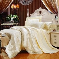 Solid Beige Peony Blossom Pattern Royal Style Wedding Themed Modern Lace Design Jacquard Satin Full, Queen Size Bedding Sets