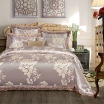 Gray and Champagne Floral Pattern Shabby Chic Vintage Lace Edge Jacquard Satin Full, Queen Size Bedding Sets
